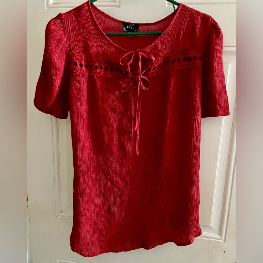 Elegant Red Blouse with Lace Detail